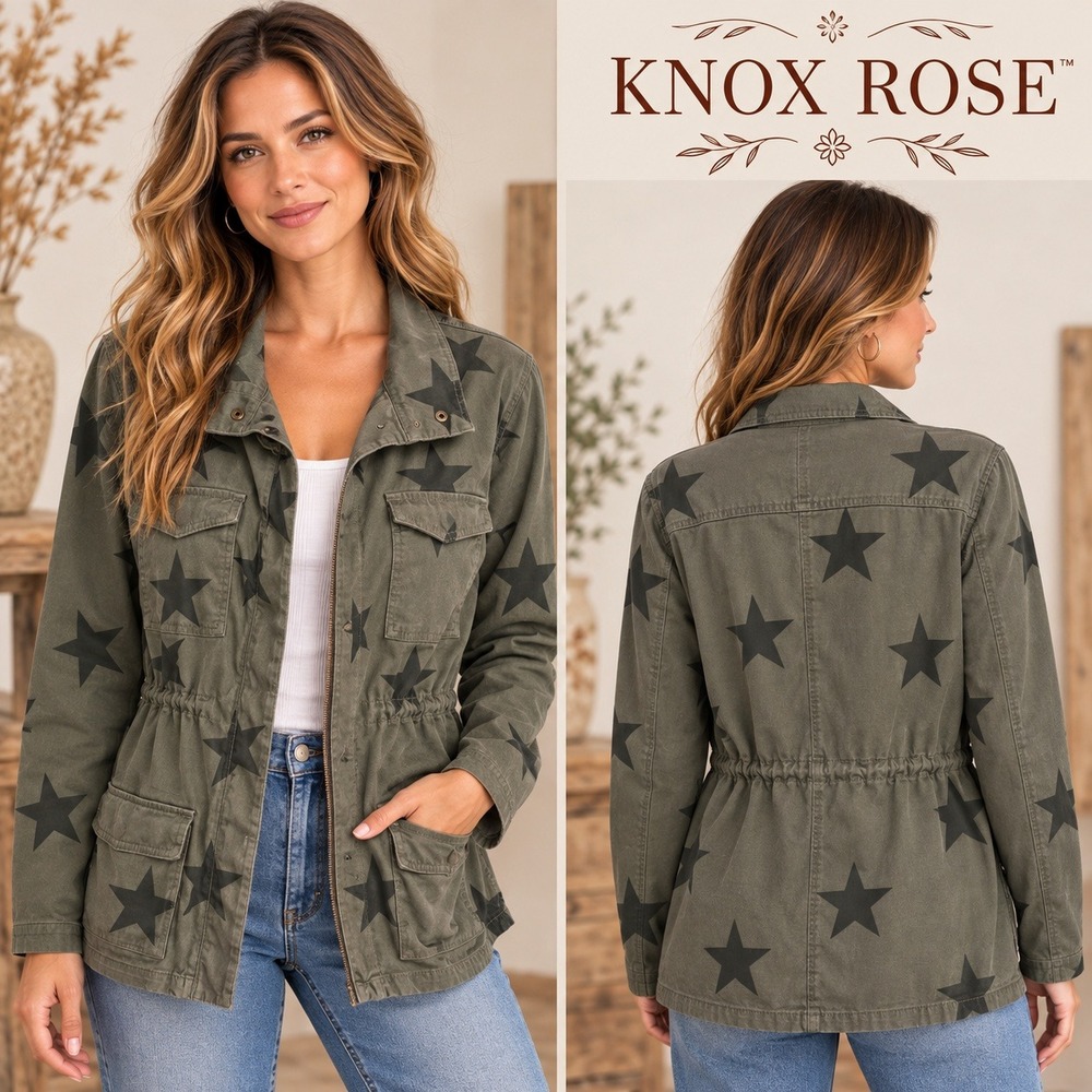 Knox Rose Green Star Print Utility Jacket Olive Military Full Zip Size Large